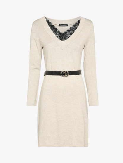 Robe pull à col V en dentelle - Beige - 4