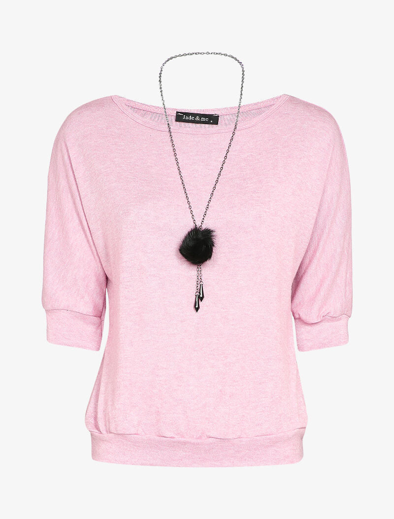 Pull chauve-souris avec sautoir - Rose - 4