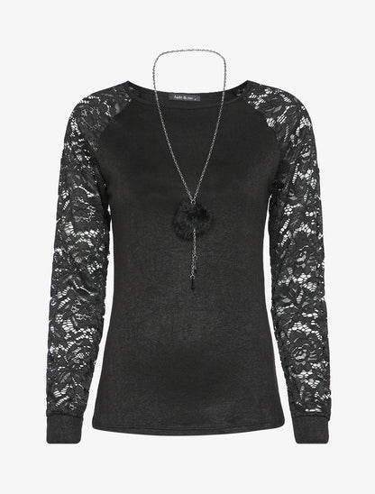 Pull à manches raglan en dentelle - Noir - 1