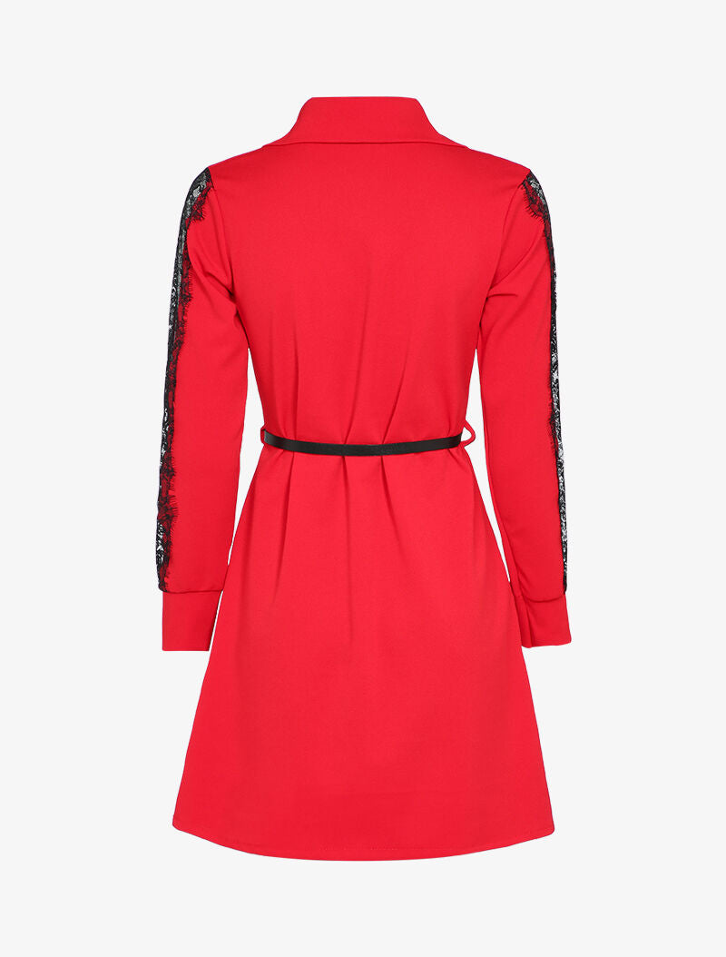 Robe chemise à manches détail dentelle - Rouge - 2