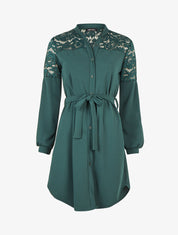 Robe boutonnée à col mao et épaules à dentelle - Vert sapin - 6