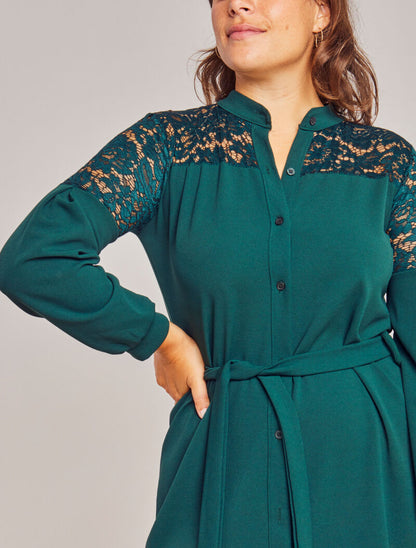 Robe boutonnée à col mao et épaules à dentelle - Vert sapin - 5