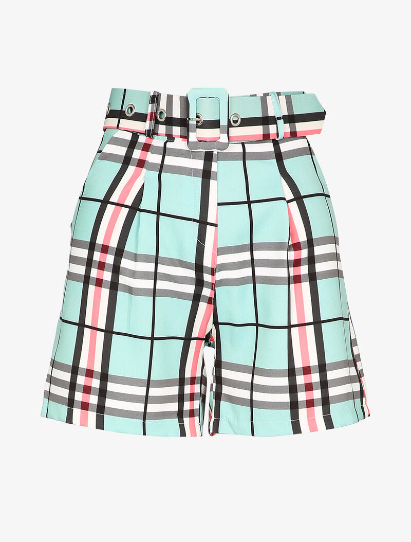 Short ceinturé imprimé tartan - Vert d&
