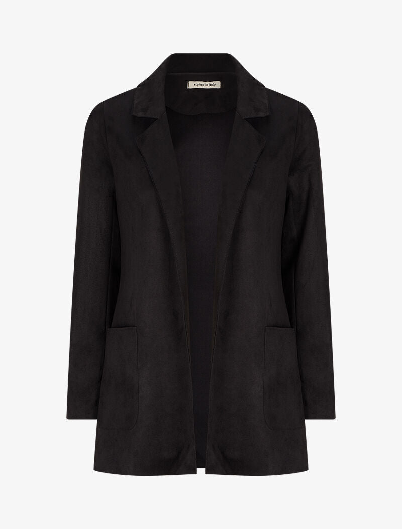 Veste ouverte mi-longue en suédine - Noir - 1