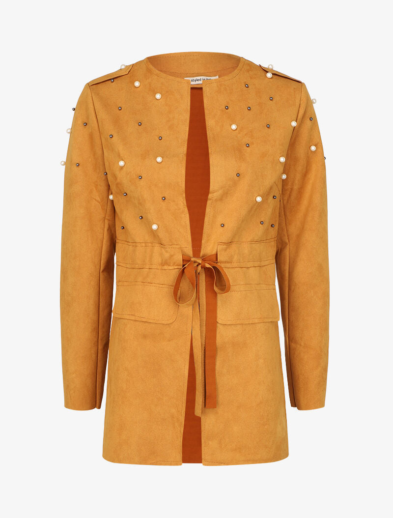 Veste en suédine à perles et liens à nouer - Moutarde - 4