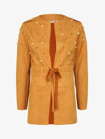 Veste en suédine à perles et liens à nouer - Moutarde - 4