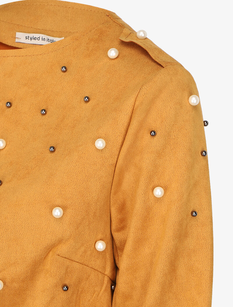 Veste en suédine à perles et liens à nouer - Moutarde - 3