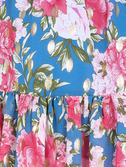 Jupe courte à imprimé bouquet de roses irisé et bords volantés - Bleu - 3