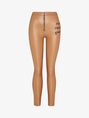 Pantalon slim en simili à triple zips décoratifs - Camel - 3