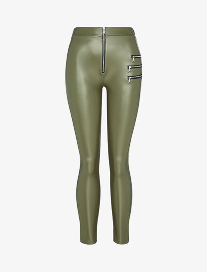 Pantalon slim en simili à triple zips décoratifs - Kaki - 3