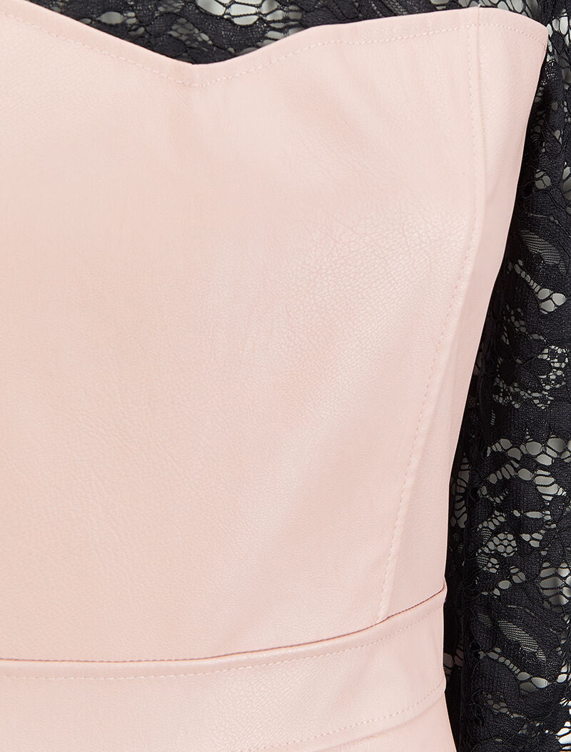 Robe fourreau en simili et dentelle - Rose pâle - 3