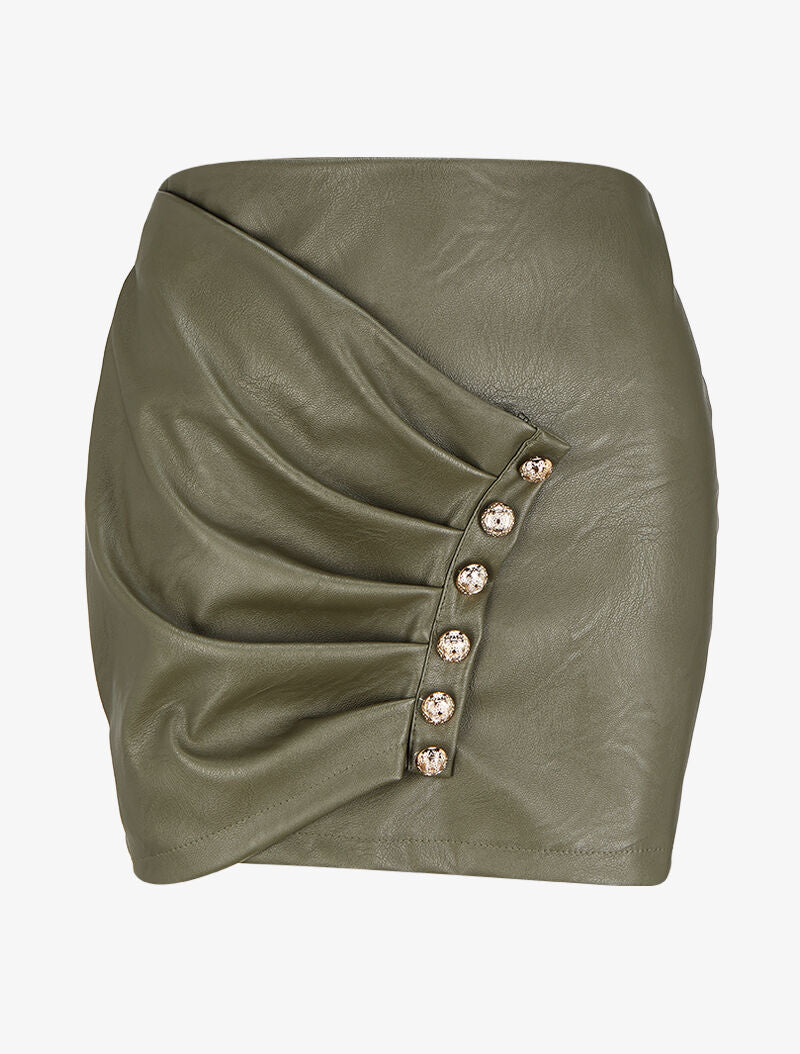 Mini-jupe drapée et boutonnée en simili - Kaki - 1