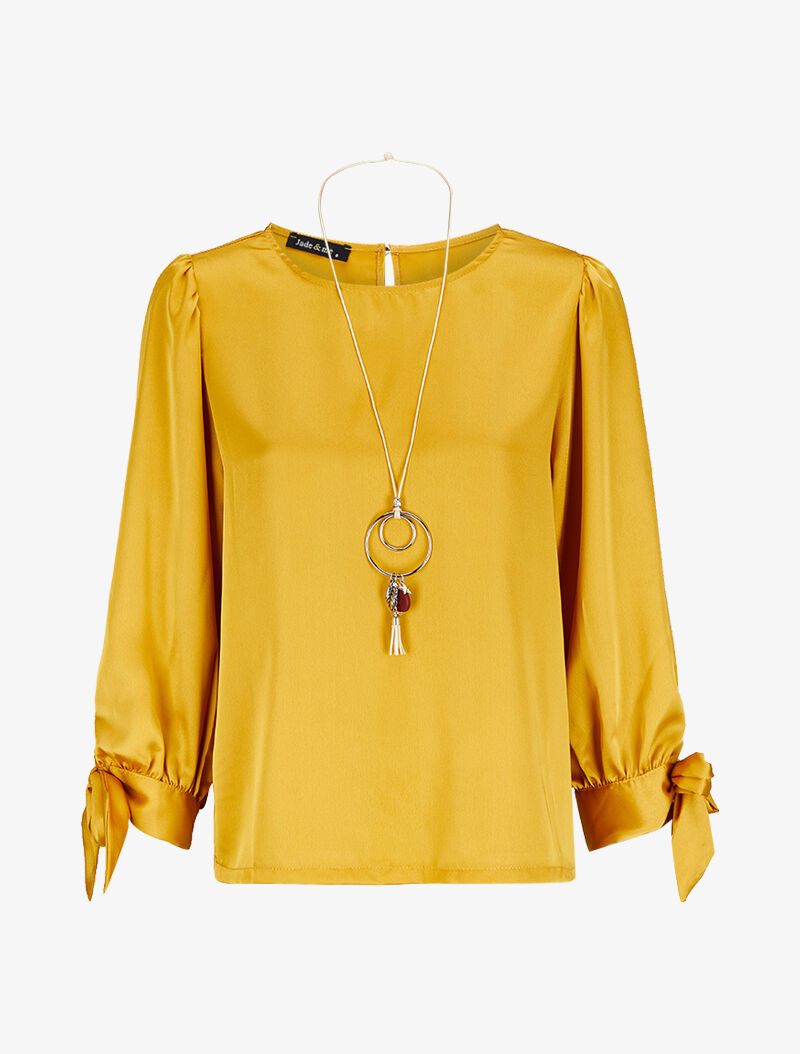 Blouse satinée à poignets à noeuds - Moutarde - 1