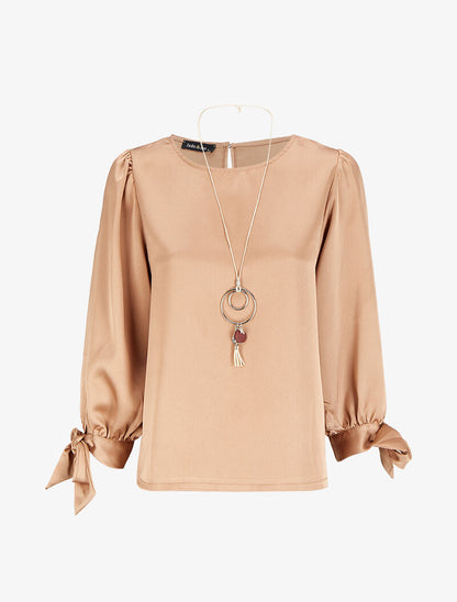 Blouse satinée à poignets à noeuds - Rose poudré - 1