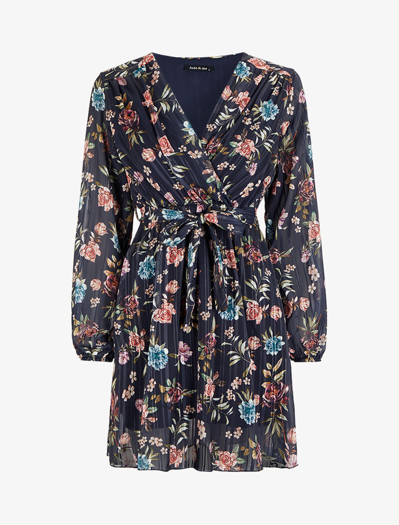 Robe patineuse cache-coeur à motif roses - Bleu marine - 4