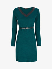 Robe pull à col V satiné - Vert sapin - 1