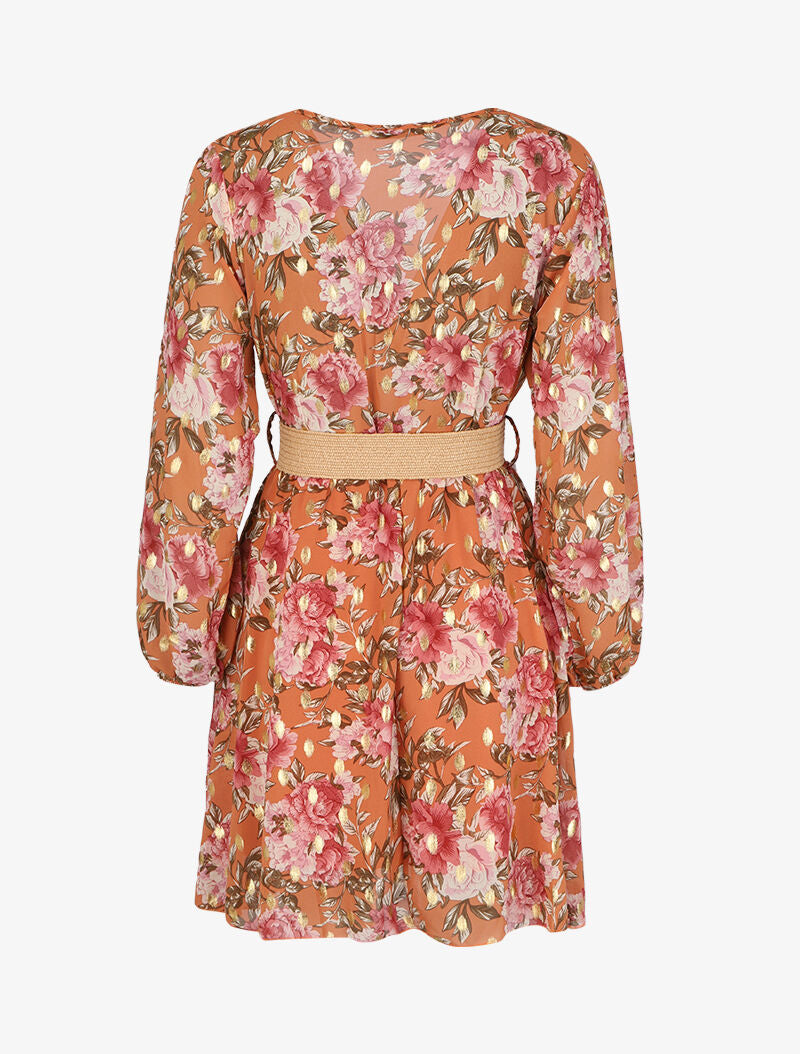 Robe patineuse cache-cœur à imprimé roses - Orange - 2