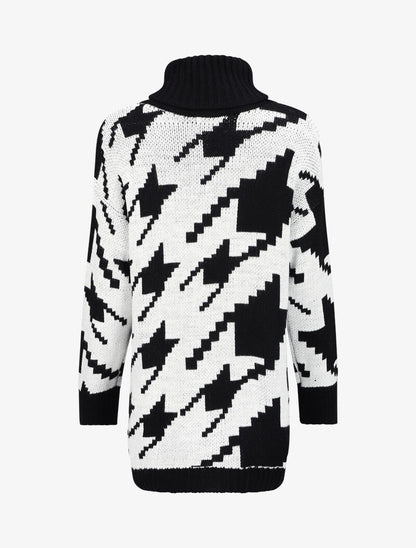 Pull long à col roulé et imprimé pied de coq stylisé - Noir - 2