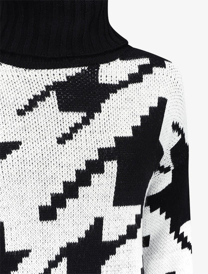 Pull long à col roulé et imprimé pied de coq stylisé - Noir - 3