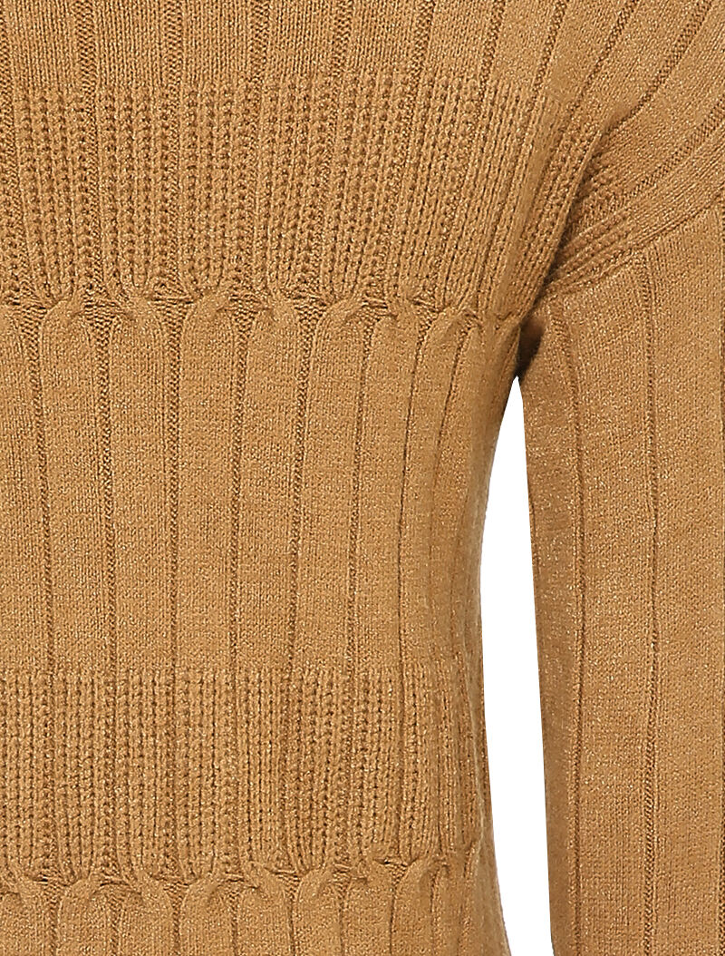 Pull côtelé stylisé à col montant - Camel - 3