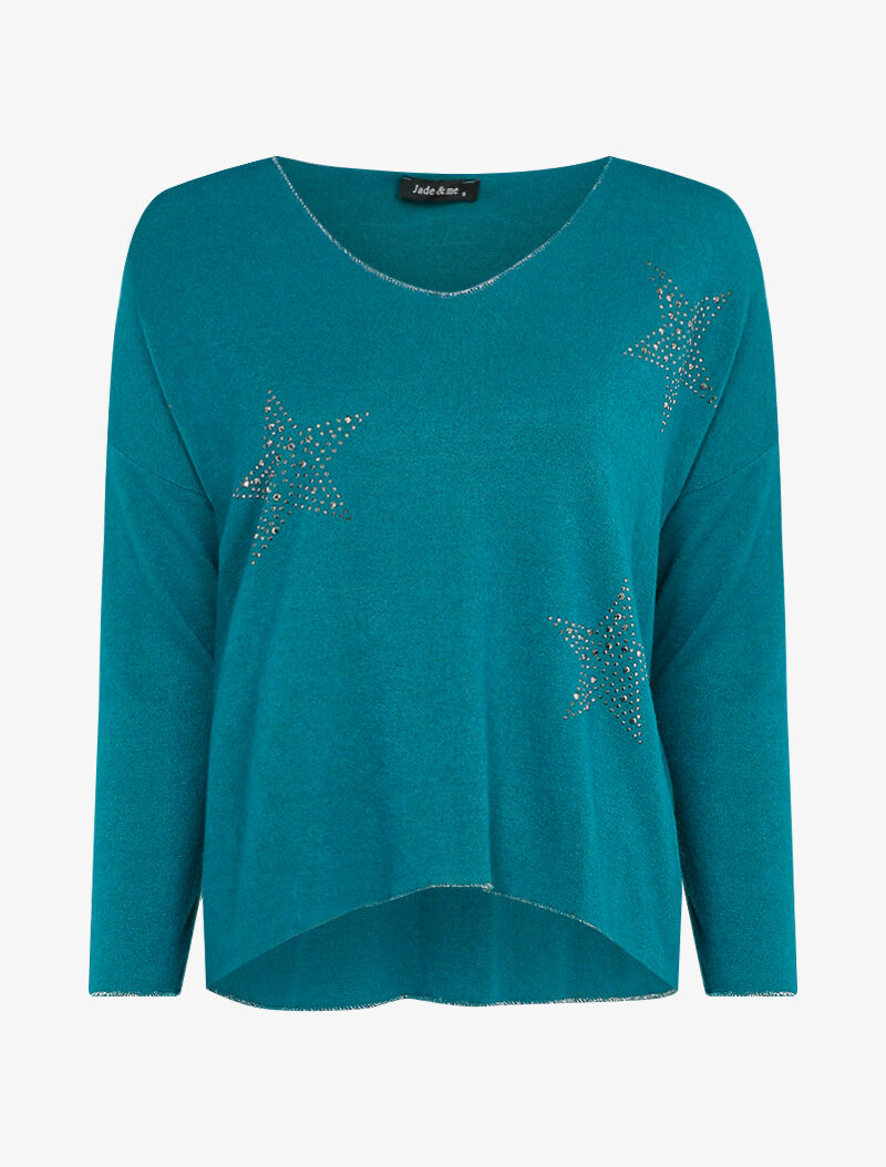 Pull fin oversize orné de strass - Bleu - 1