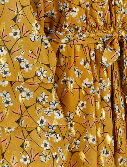 Robe patineuse imprimé fleurs de cerisier lamé à manches plissées - Moutarde - 3