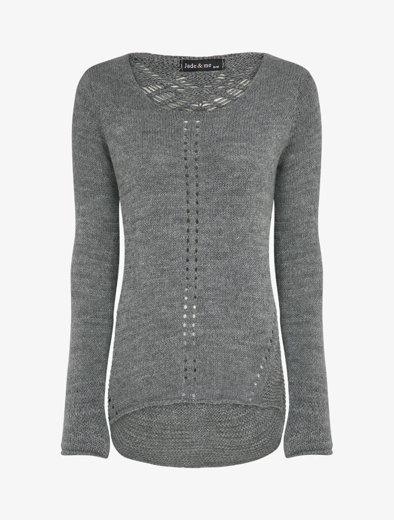 Pull à dos long ajouré et stylisé - Gris - 1