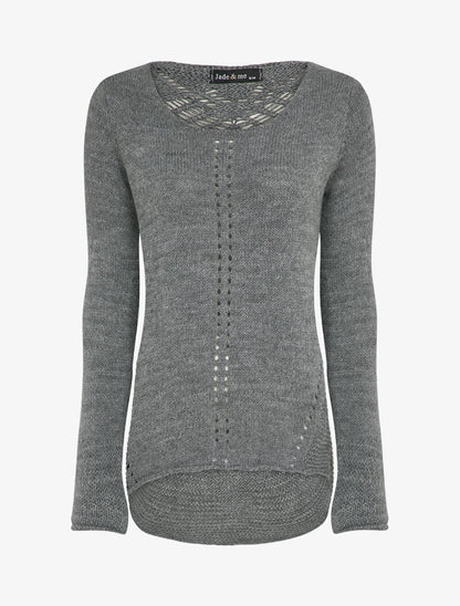 Pull à dos long ajouré et stylisé - Gris - 1