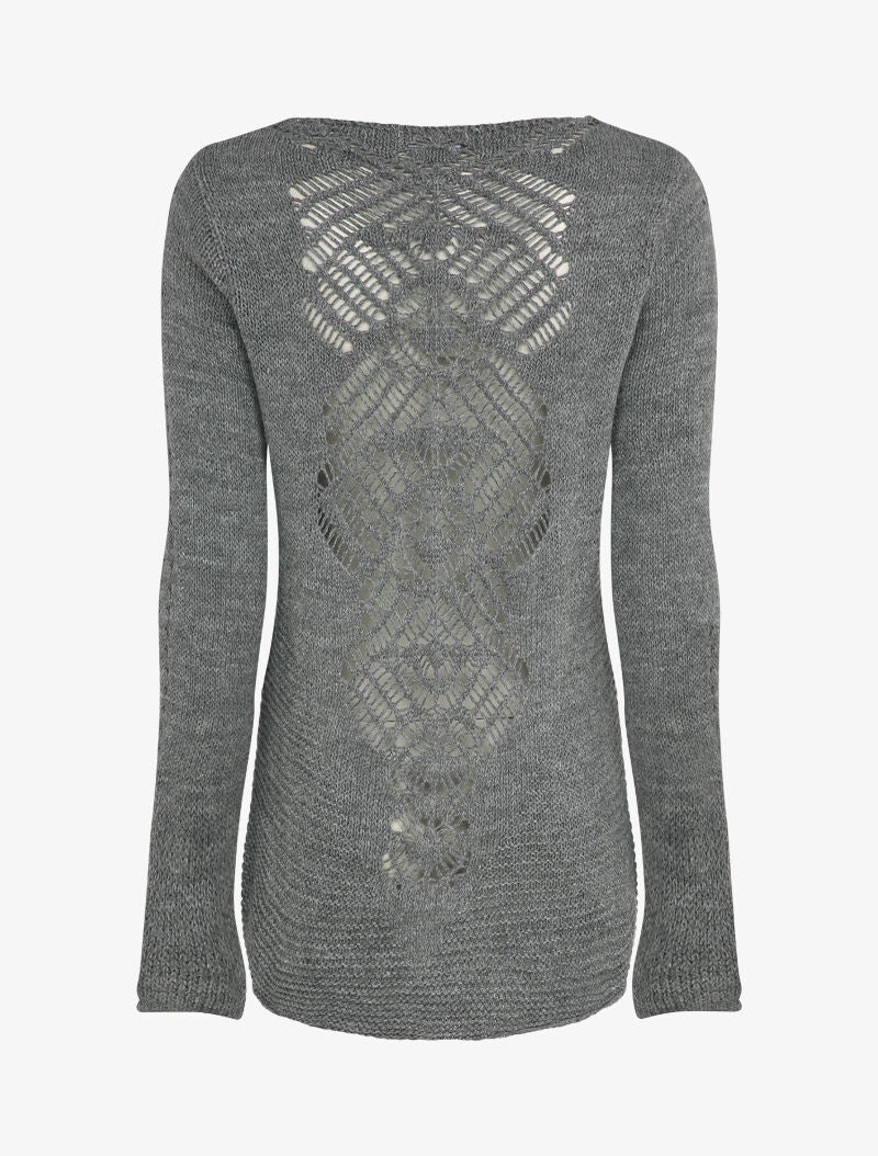 Pull à dos long ajouré et stylisé - Gris - 2