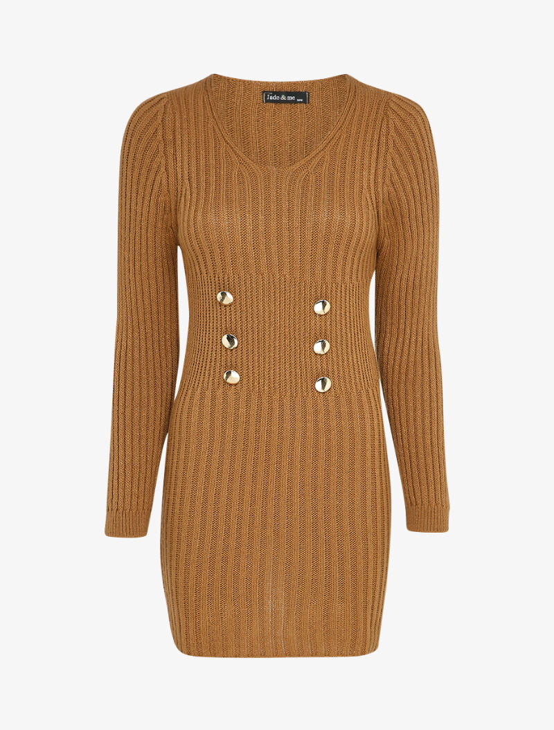Pull long à boutons dorés stylisés - Camel - 4