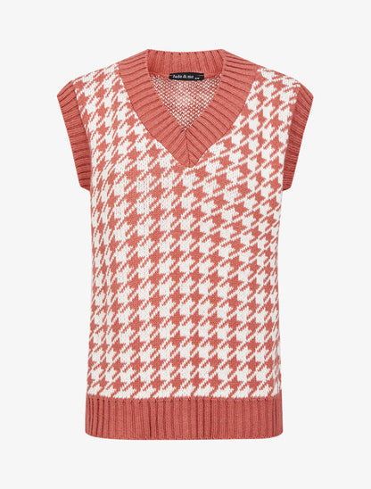 Pull sans manches à col V et imprimé pied de poule - Vieux rose - 1