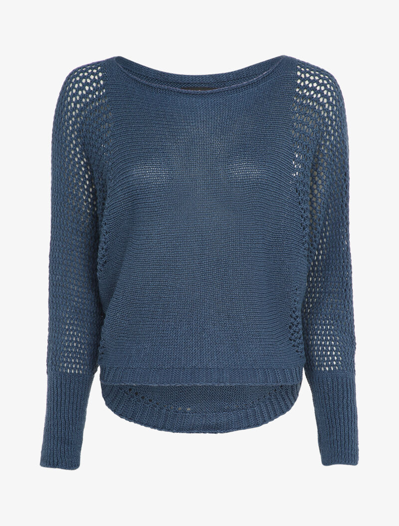 Pull à col bateau à manches en maille ajourée - Bleu - 1