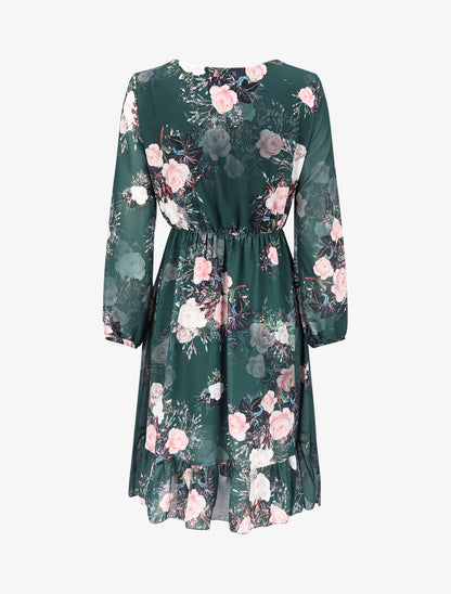 Robe à bords volantés et imprimé bouquet de roses - Vert sapin - 2