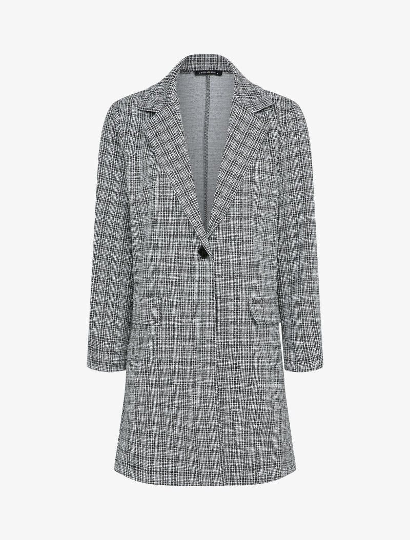 Veste mi-longue à motif petits carreaux - Noir - 4