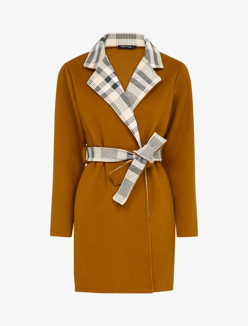 Manteau ouvert à col imprimé à carreaux - Camel - 1
