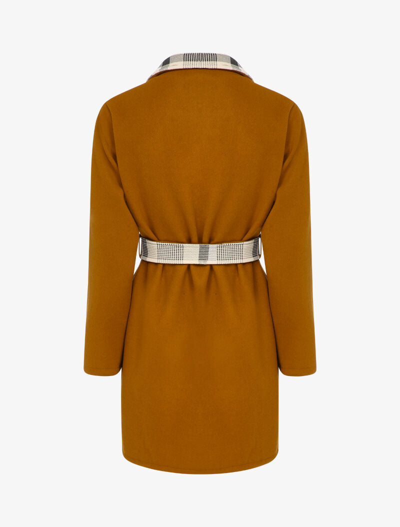 Manteau ouvert à col imprimé à carreaux - Camel - 2