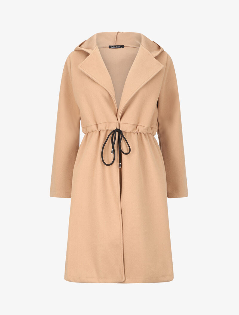 Manteau long à liens de serrage et capuche - Beige - 4