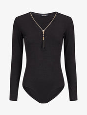 Body à col V zippé avec pampille - Noir - 1