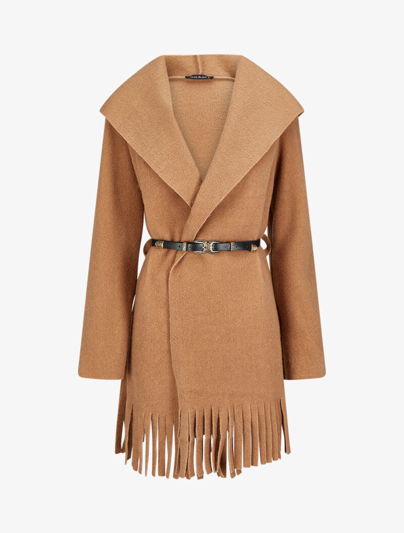 Manteau à capuche à bord à franges - Camel - 1
