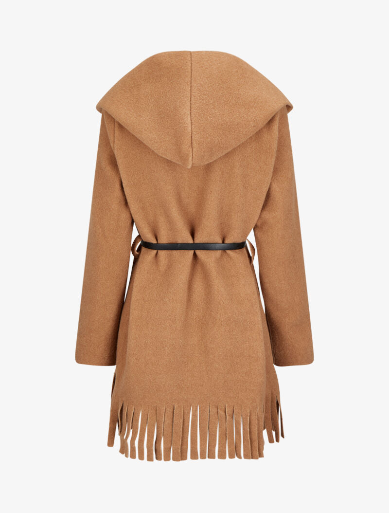 Manteau à capuche à bord à franges - Camel - 2
