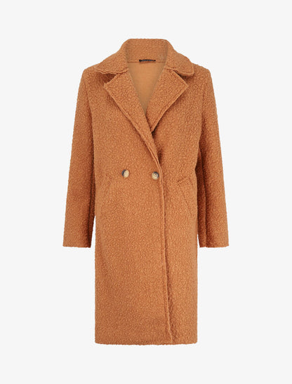 Manteau long coupe droite effet laine bouclée - Camel - 1