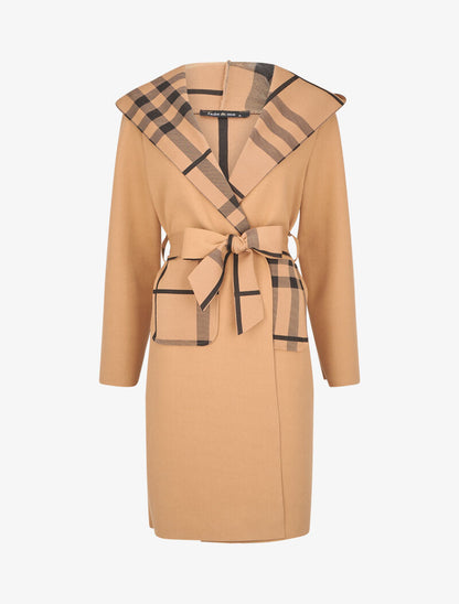 Manteau long à capuche et poches à motif tartan - Camel - 4