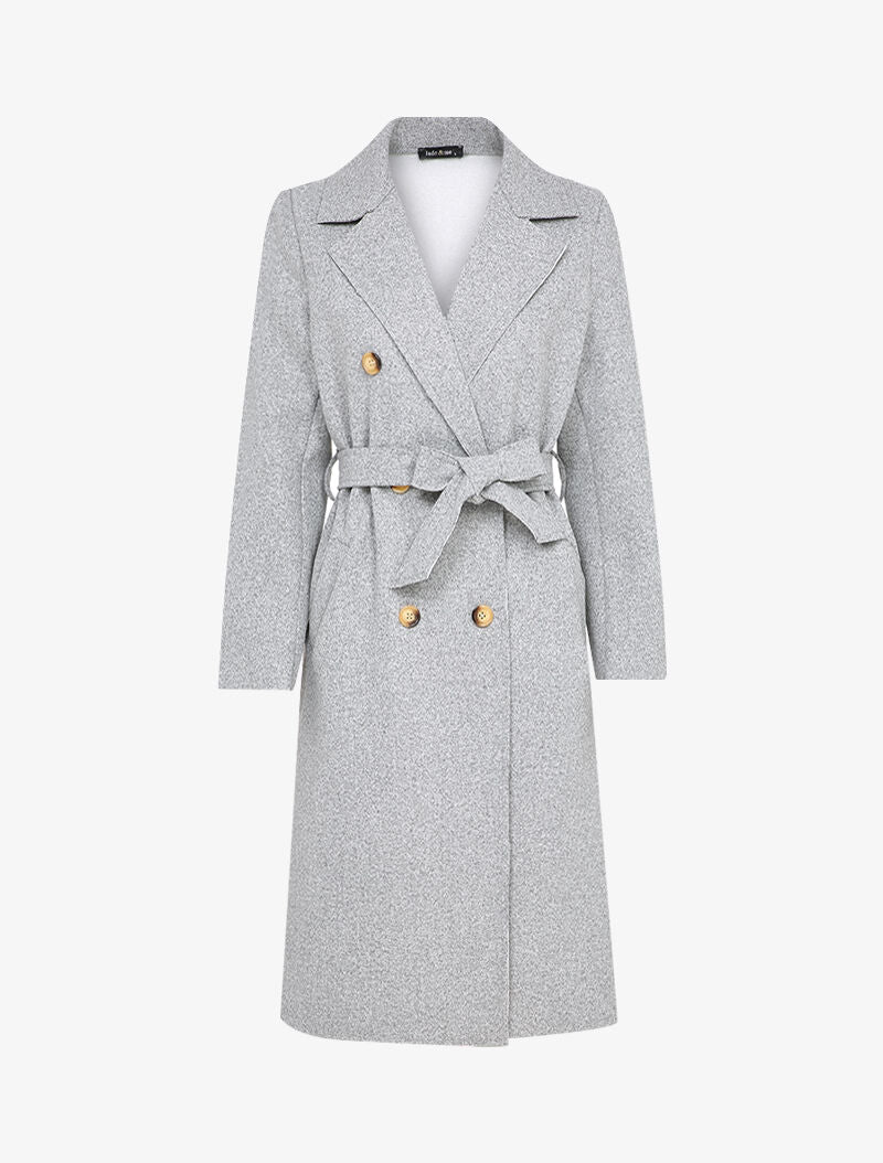 Manteau long ceinturé à double boutonnages - Gris chiné - 1