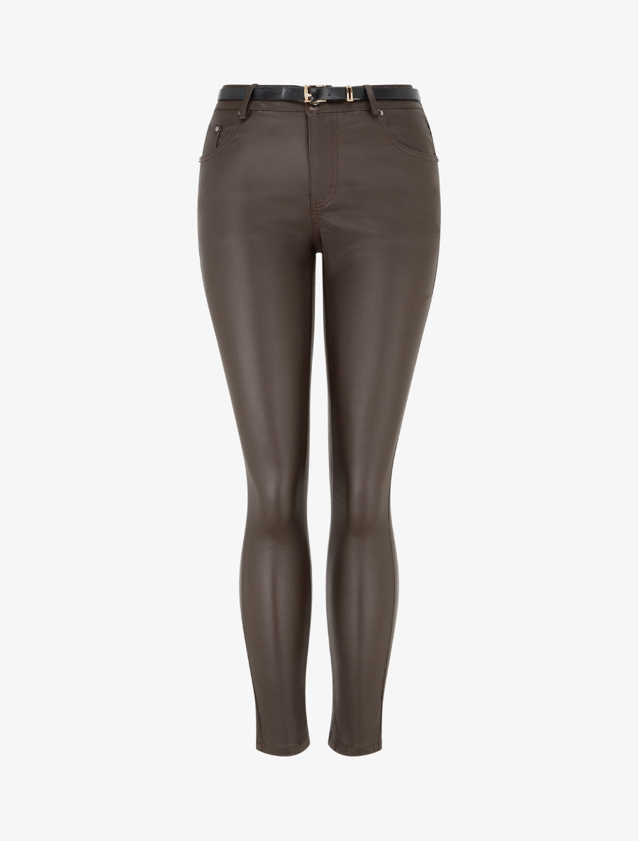 Pantalon effet enduit coupe skinny - Marron - 1