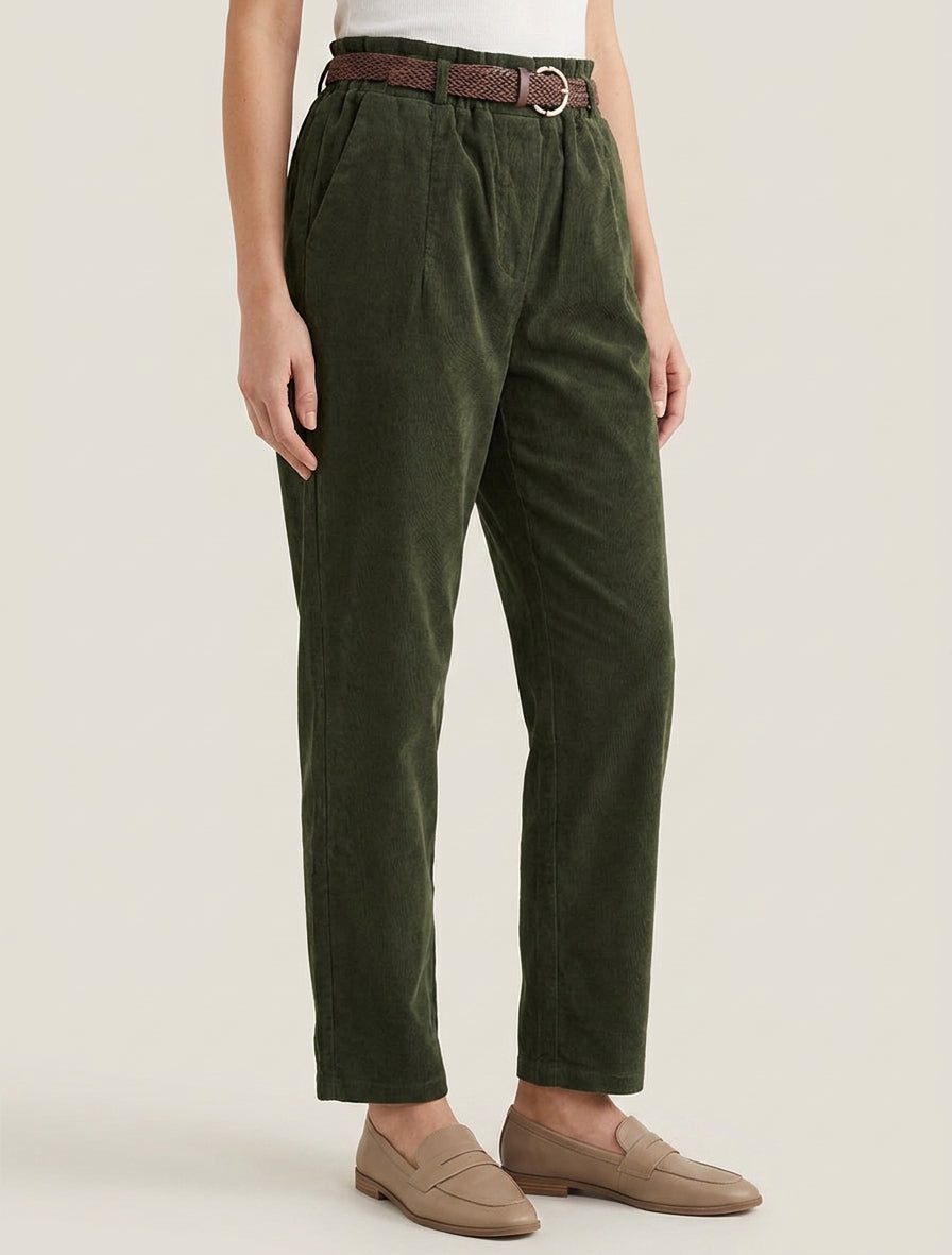 Pantaloni stile paper bag effetto velluto a coste - Cachi