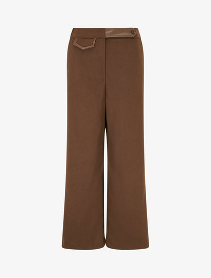 Pantalon ample taille haute à détail simili - Marron - 1