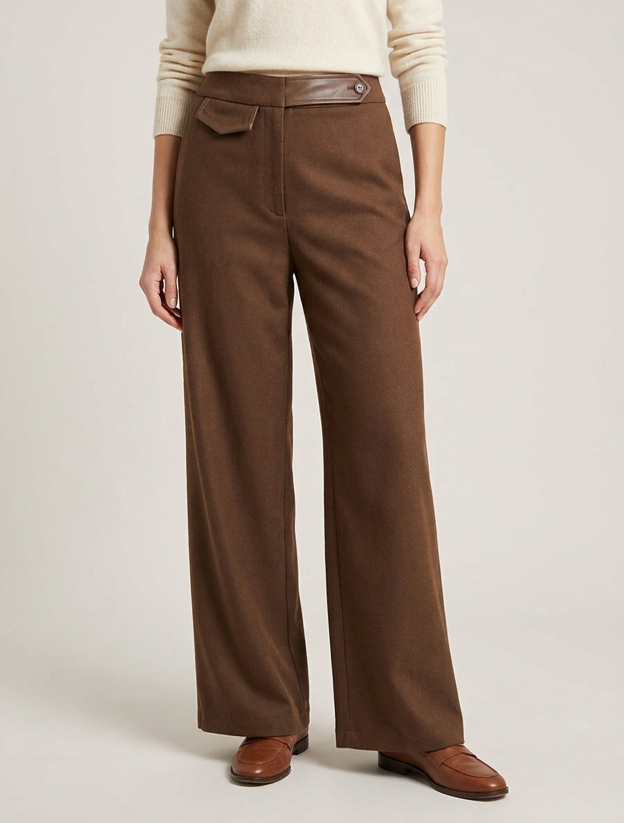 Pantaloni ampi a vita alta con dettaglio similpelle - Marrone