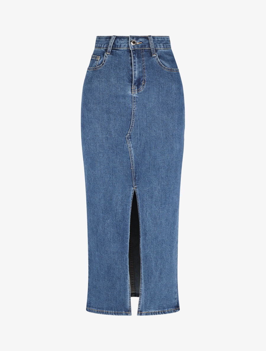 Gonna dritta con spacco in denim - Blu