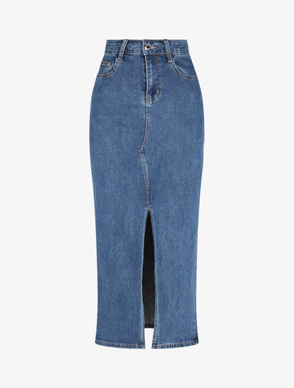 Gonna dritta con spacco in denim - Blu