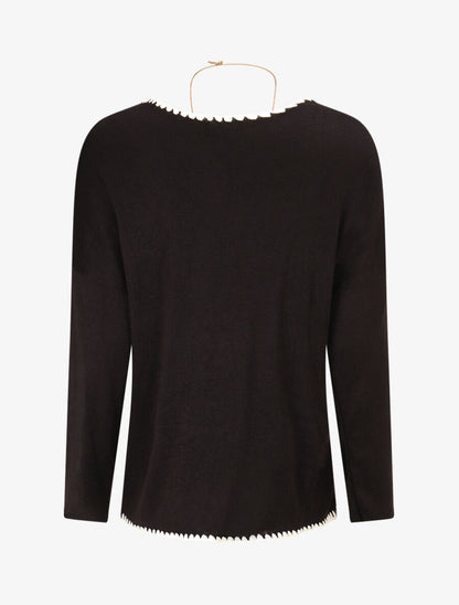 Pull fin uni à bords brodés - Noir - 2